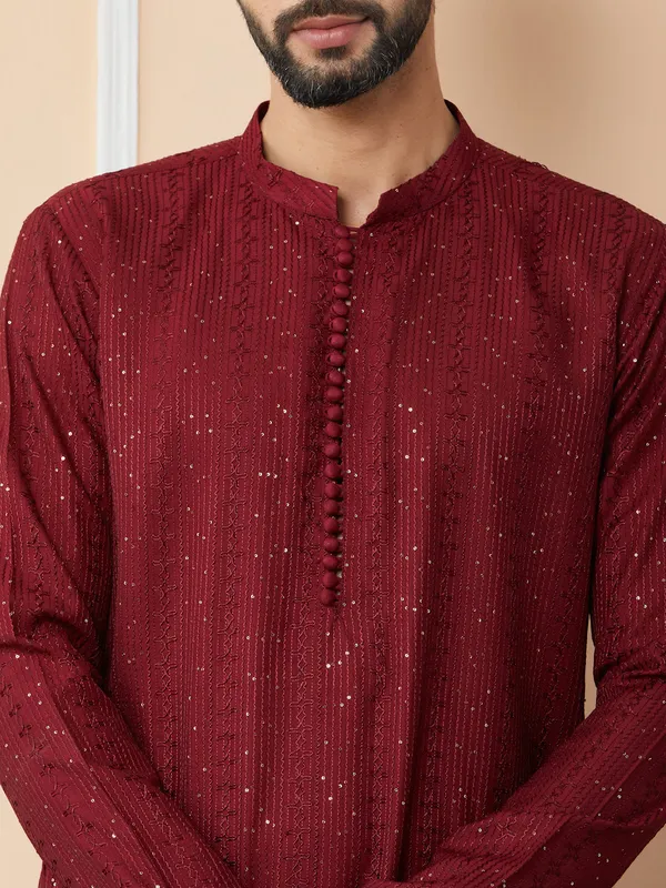 Dark_Maroon_Embroidered_Thread_Work_Sequinned_Chanderi_Silk_Straight_Kurta_with_Pyjama