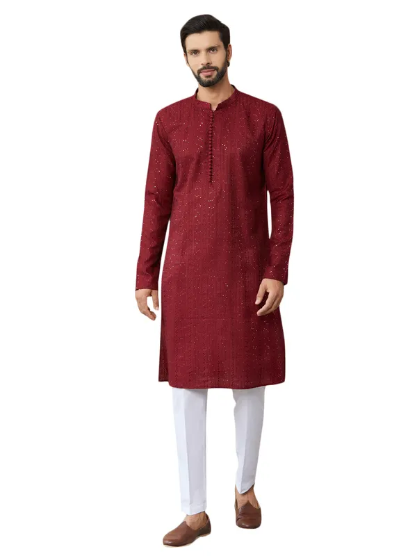 Dark_Maroon_Embroidered_Thread_Work_Sequinned_Chanderi_Silk_Straight_Kurta