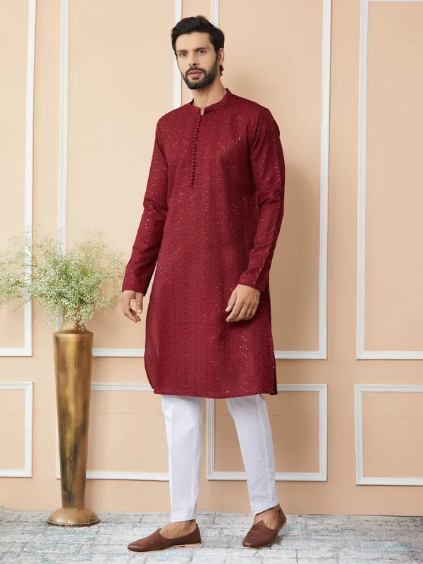 Dark_Maroon_Embroidered_Thread_Work_Sequinned_Chanderi_Silk_Straight_Kurta