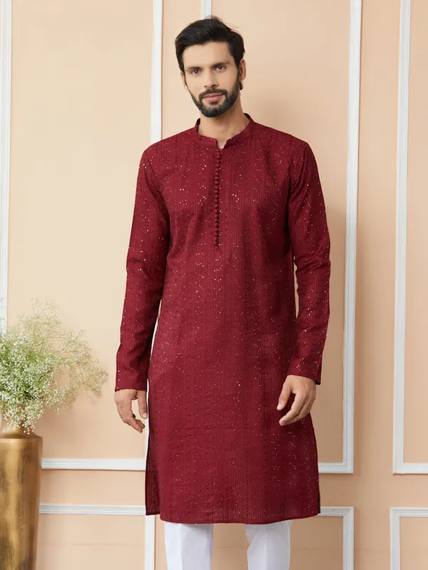 Dark_Maroon_Embroidered_Thread_Work_Sequinned_Chanderi_Silk_Straight_Kurta