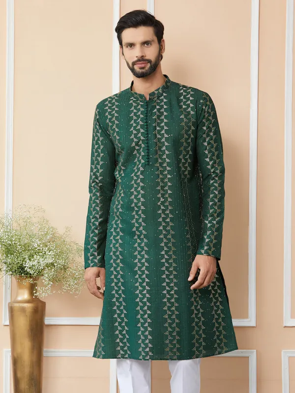 Green_Embroidered_Thread_Work_Sequinned_Chanderi_Silk_Straight_Kurta_with_Pyjama