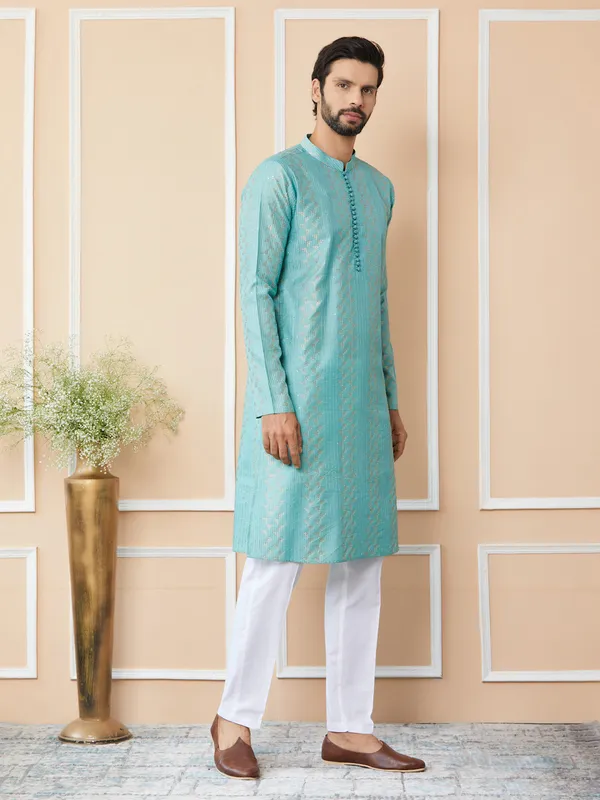 Ice_Green_Embroidered_Thread_Work_Sequinned_Chanderi_Silk_Straight_Kurta_With_Pyjama