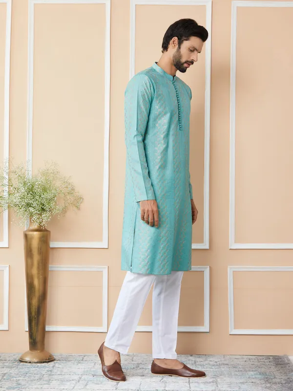 Ice_Green_Embroidered_Thread_Work_Sequinned_Chanderi_Silk_Straight_Kurta_with_Pyjama