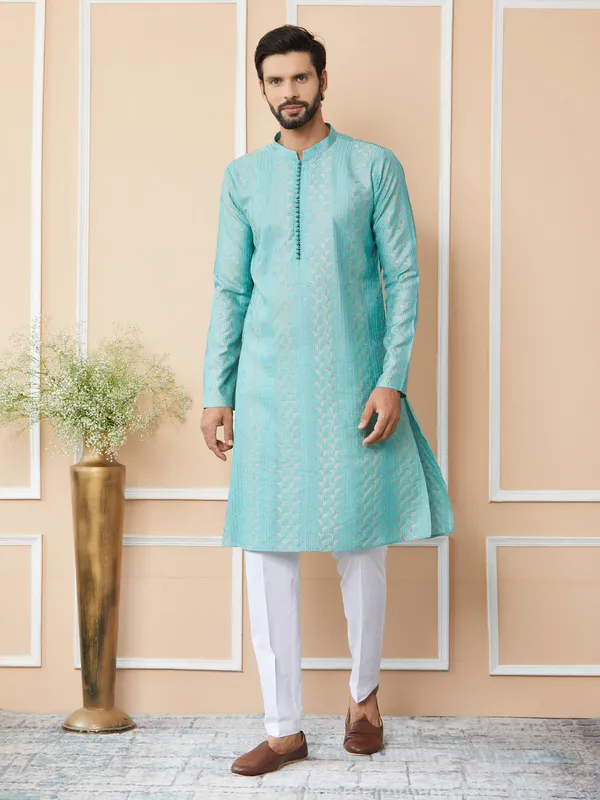 Ice_Green_Embroidered_Thread_Work_Sequinned_Chanderi_Silk_Straight_Kurta_with_Pyjama