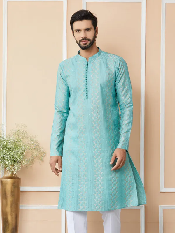Ice_Green_Embroidered_Thread_Work_Sequinned_Chanderi_Silk_Straight_Kurta_with_Pyjama