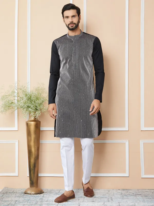 Black_Thread_&_Sequin_Worked_Pure_Cotton_Straight_Kurta_With_Pyjama