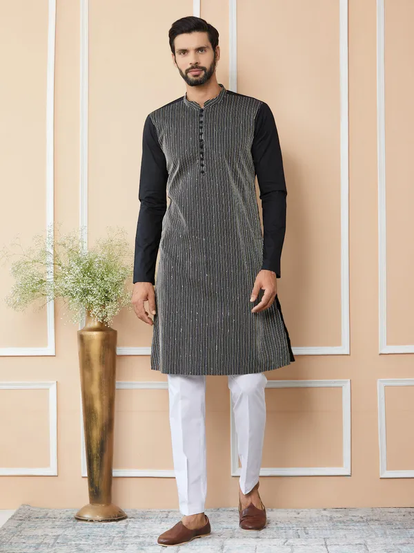 Black_Thread_&_Sequin_Worked_Pure_Cotton_Straight_Kurta_with_Pyjama