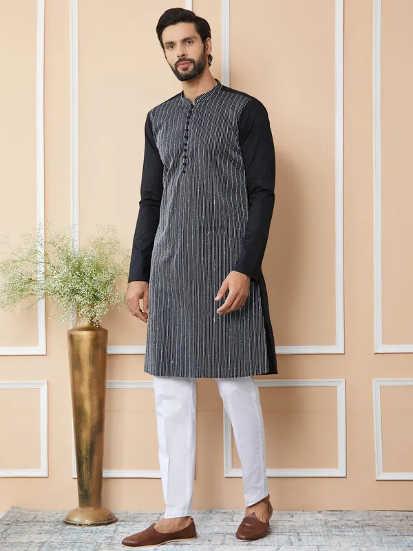 Black_Thread_&_Sequin_Worked_Pure_Cotton_Straight_Kurta_with_Pyjama