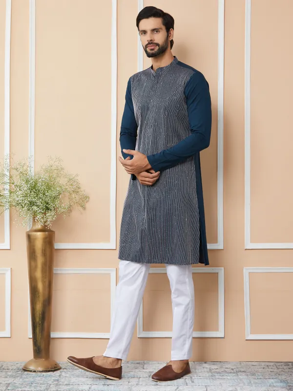 Dark_Blue_Thread_&_Sequin_Worked_Pure_Cotton_Straight_Kurta_With_Pyjama