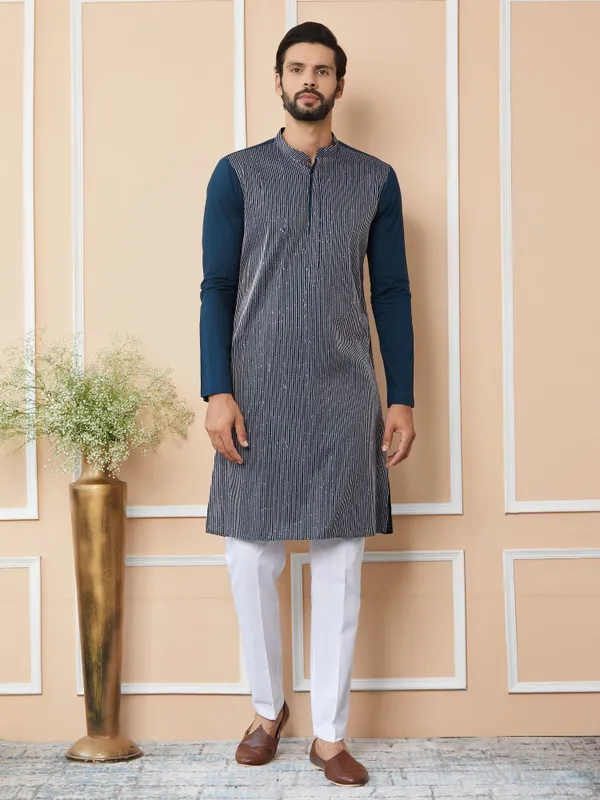 Dark_Blue_Thread_&_Sequin_Worked_Pure_Cotton_Straight_Kurta_with_Pyjama