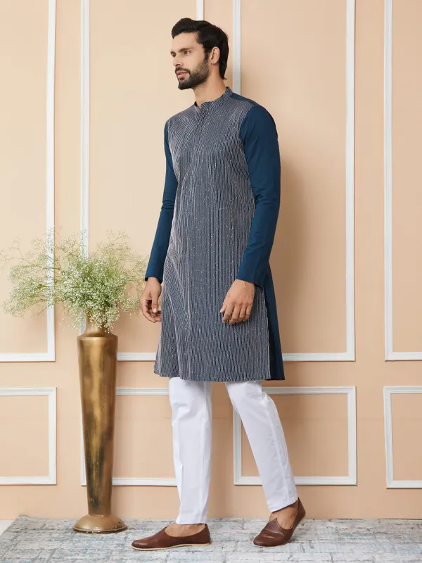 Dark_Blue_Thread_&_Sequin_Worked_Pure_Cotton_Straight_Kurta_with_Pyjama