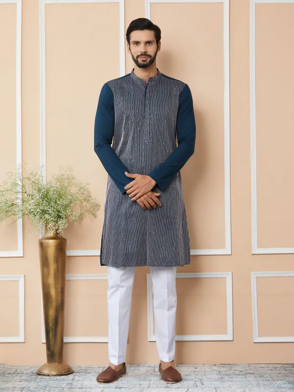Dark_Blue_Thread_&_Sequin_Worked_Pure_Cotton_Straight_Kurta