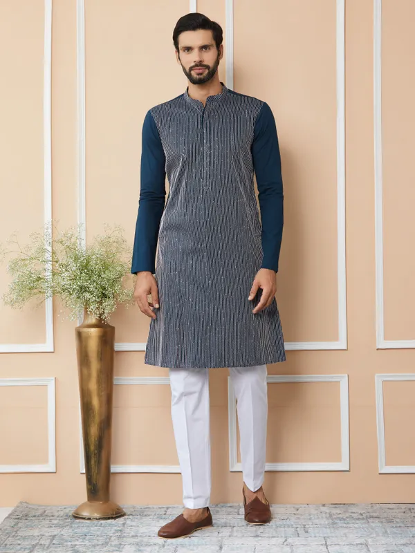 Dark_Blue_Thread_&_Sequin_Worked_Pure_Cotton_Straight_Kurta