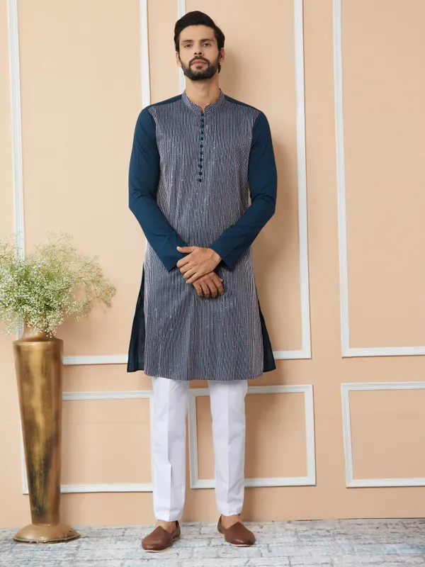 Dark_Blue_Thread_&_Sequin_Worked_Pure_Cotton_Straight_Kurta_with_Pyjama