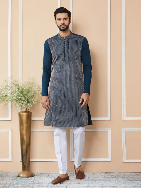 Dark_Blue_Thread_&_Sequin_Worked_Pure_Cotton_Straight_Kurta_with_Pyjama