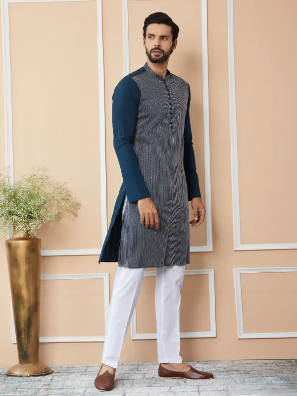 Dark_Blue_Thread_&_Sequin_Worked_Pure_Cotton_Straight_Kurta_with_Pyjama