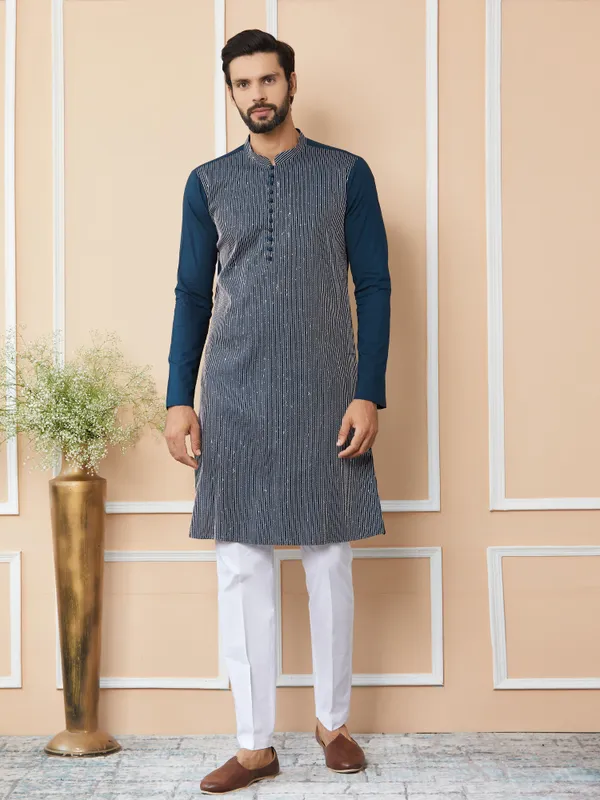 Dark_Blue_Thread_&_Sequin_Worked_Pure_Cotton_Straight_Kurta