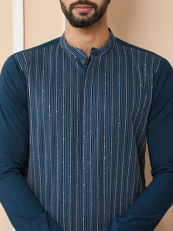 Dark_Blue_Thread_&_Sequin_Worked_Pure_Cotton_Straight_Kurta_With_Pyjama