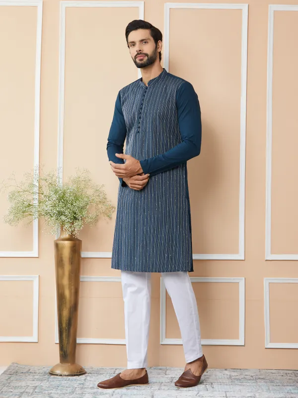Dark_Blue_Thread_&_Sequin_Worked_Pure_Cotton_Straight_Kurta_With_Pyjama