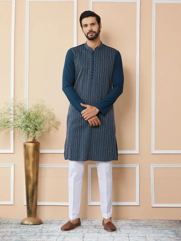 Dark_Blue_Thread_&_Sequin_Worked_Pure_Cotton_Straight_Kurta_With_Pyjama
