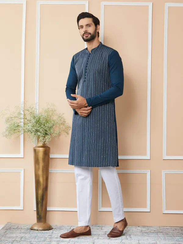 Dark_Blue_Thread_&_Sequin_Worked_Pure_Cotton_Straight_Kurta_with_Pyjama
