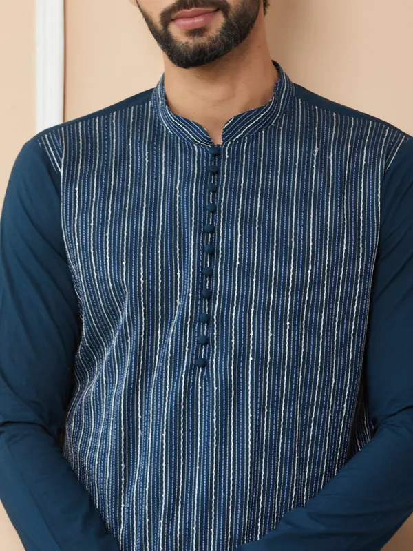 Dark_Blue_Thread_&_Sequin_Worked_Pure_Cotton_Straight_Kurta_with_Pyjama