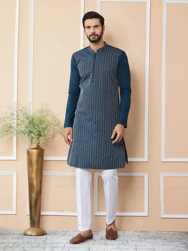 Dark_Blue_Thread_&_Sequin_Worked_Pure_Cotton_Straight_Kurta