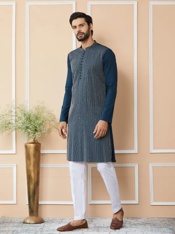 Dark_Blue_Thread_&_Sequin_Worked_Pure_Cotton_Straight_Kurta_with_Pyjama