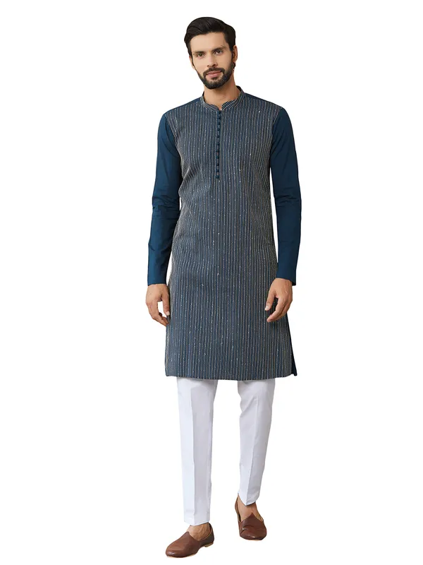 Dark_Blue_Thread_&_Sequin_Worked_Pure_Cotton_Straight_Kurta_with_Pyjama