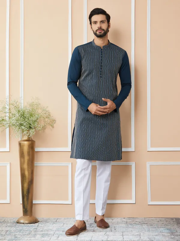 Dark_Blue_Thread_&_Sequin_Worked_Pure_Cotton_Straight_Kurta_With_Pyjama