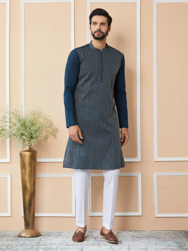Dark_Blue_Thread_&_Sequin_Worked_Pure_Cotton_Straight_Kurta_with_Pyjama