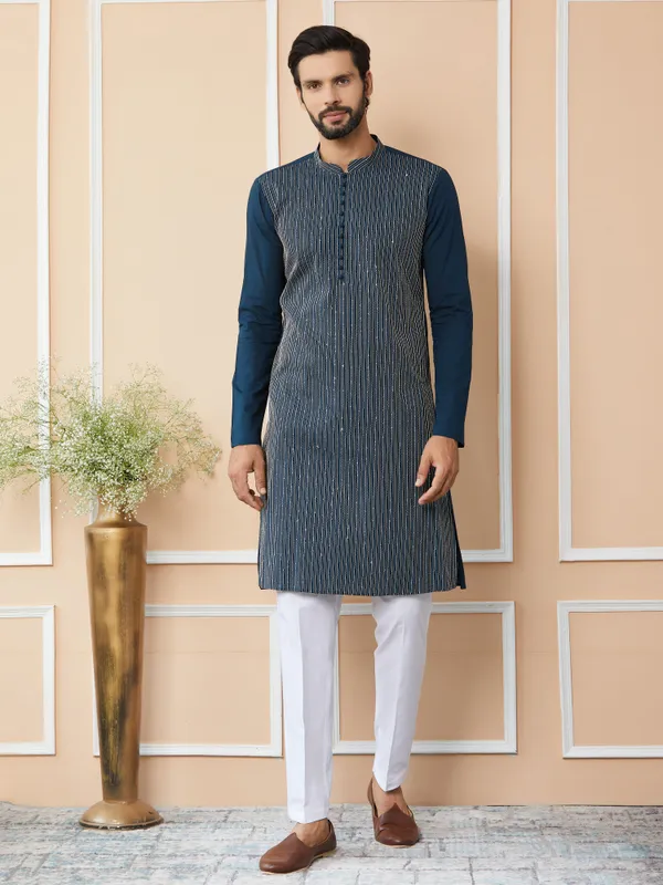 Dark_Blue_Thread_&_Sequin_Worked_Pure_Cotton_Straight_Kurta_with_Pyjama