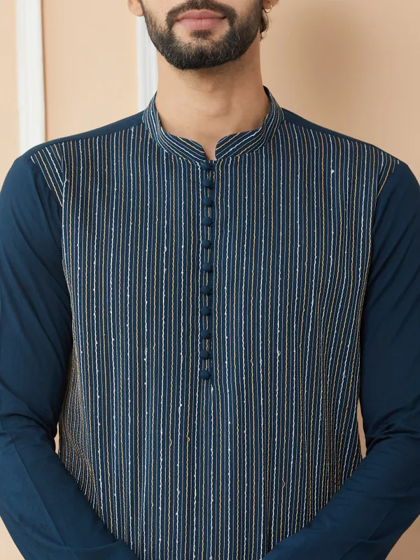 Dark_Blue_Thread_&_Sequin_Worked_Pure_Cotton_Straight_Kurta_with_Pyjama