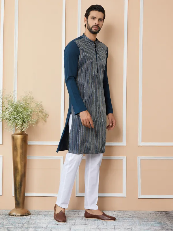 Dark_Blue_Thread_&_Sequin_Worked_Pure_Cotton_Straight_Kurta_With_Pyjama