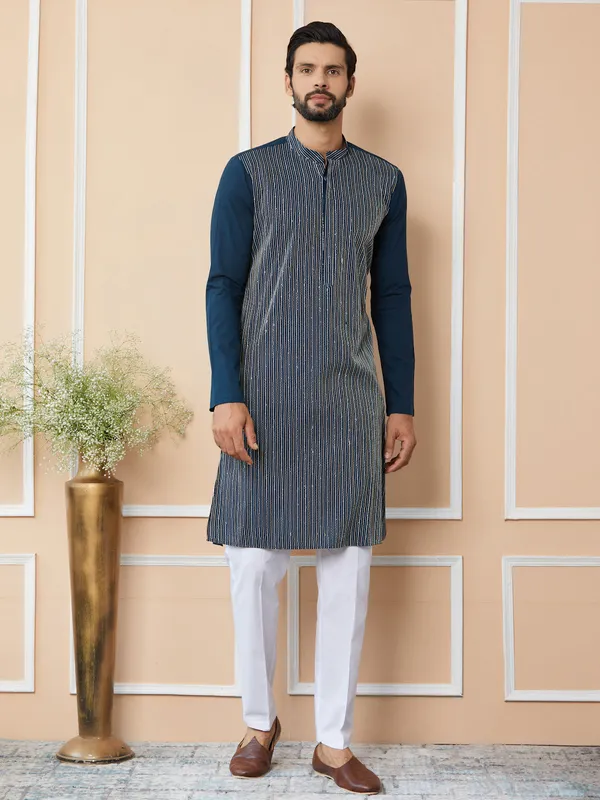 Dark_Blue_Thread_&_Sequin_Worked_Pure_Cotton_Straight_Kurta_with_Pyjama
