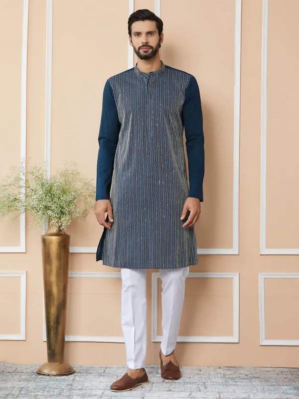 Dark_Blue_Thread_&_Sequin_Worked_Pure_Cotton_Straight_Kurta_with_Pyjama