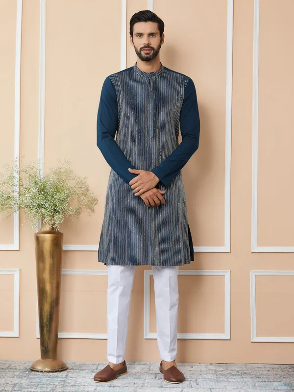 Dark_Blue_Thread_&_Sequin_Worked_Pure_Cotton_Straight_Kurta_with_Pyjama