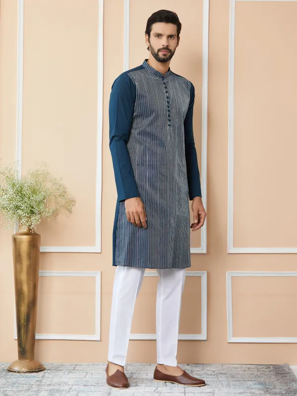Dark_Blue_Thread_Worked_Pure_Cotton_Straight_Kurta_With_Pyjama