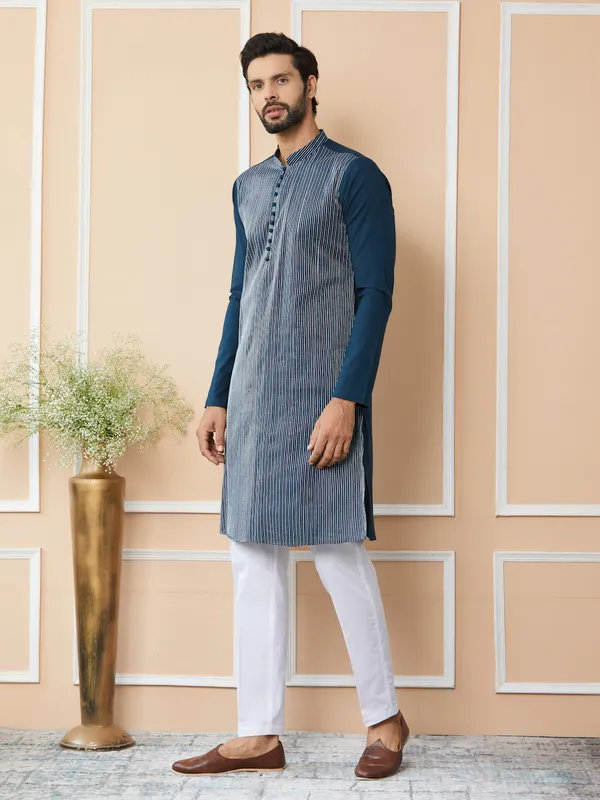 Dark_Blue_Thread_Worked_Pure_Cotton_Straight_Kurta_With_Pyjama
