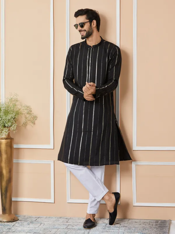 Black_Sequins_Embroidered_Pure_Chanderi_Silk_Straight_Kurta_with_Pyjama
