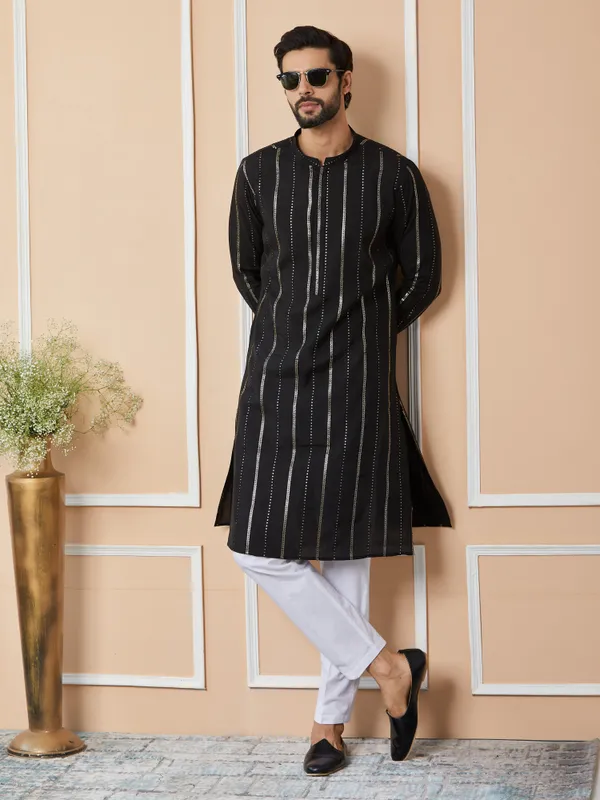 Black_Sequins_Embroidered_Pure_Chanderi_Silk_Straight_Kurta_with_Pyjama