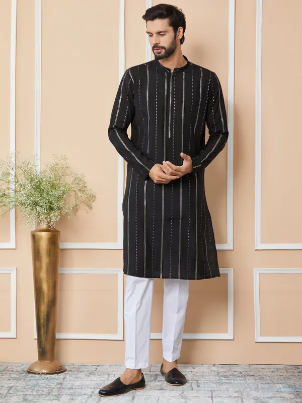 Black_Sequins_Embroidered_Pure_Chanderi_Silk_Straight_Kurta_with_Pyjama