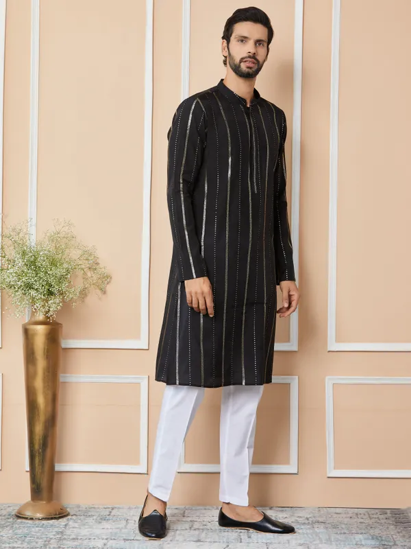 Black_Sequins_Embroidered_Pure_Chanderi_Silk_Straight_Kurta_with_Pyjama