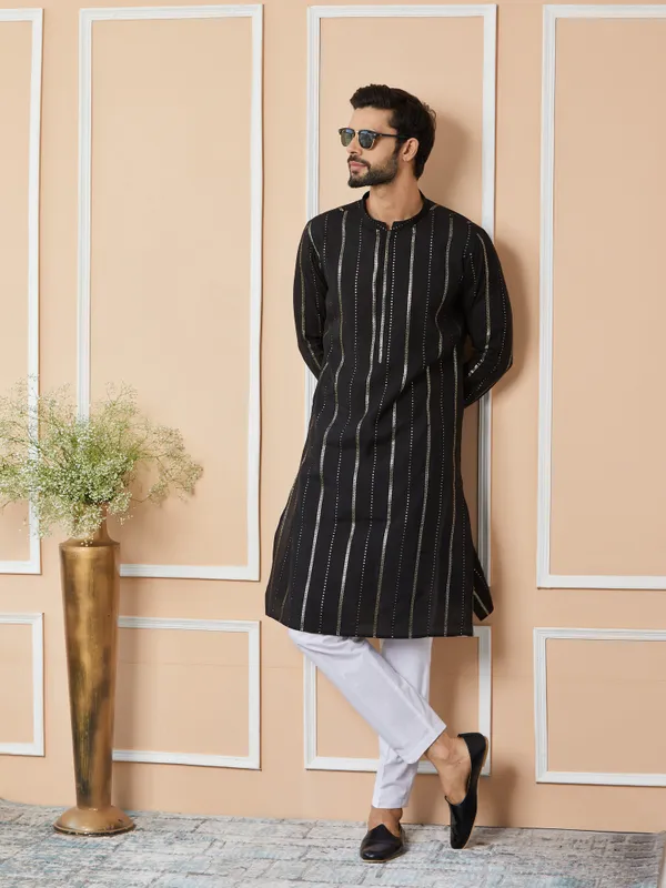 Black_Sequins_Embroidered_Pure_Chanderi_Silk_Straight_Kurta_with_Pyjama