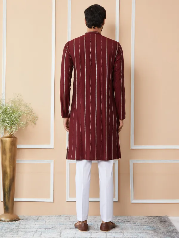 Maroon_Sequins_Embroidered_Pure_Chanderi_Silk_Straight_Kurta_with_Pyjama