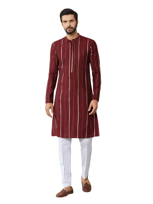 Maroon_Sequins_Embroidered_Pure_Chanderi_Silk_Straight_Kurta_With_Pyjama