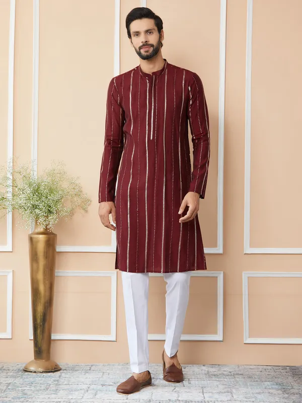 Maroon_Sequins_Embroidered_Pure_Chanderi_Silk_Straight_Kurta_with_Pyjama