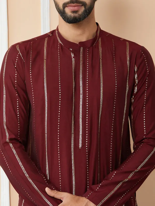 Maroon_Sequins_Embroidered_Pure_Chanderi_Silk_Straight_Kurta_with_Pyjama