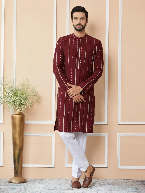 Maroon_Sequins_Embroidered_Pure_Chanderi_Silk_Straight_Kurta_with_Pyjama