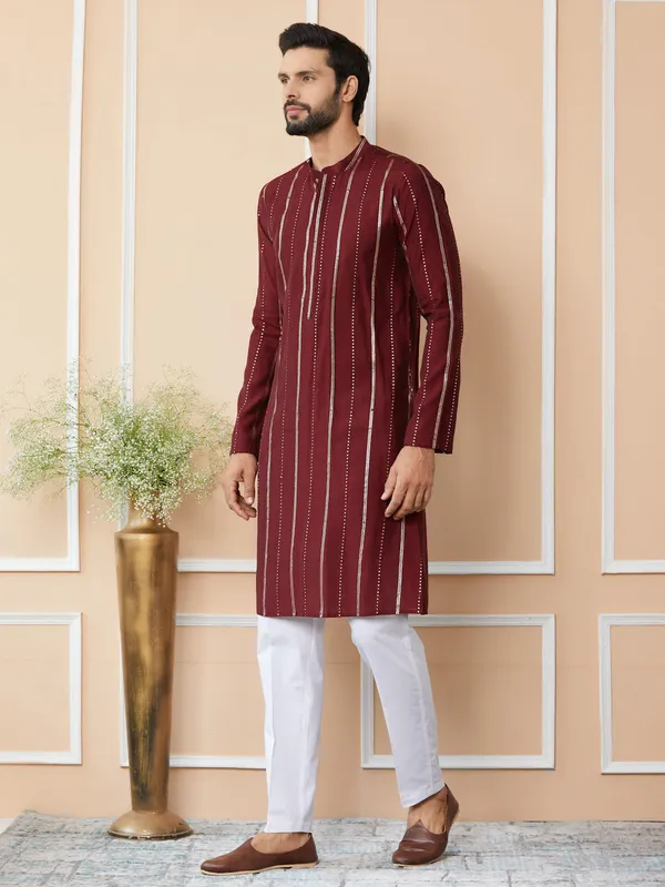 Maroon_Sequins_Embroidered_Pure_Chanderi_Silk_Straight_Kurta